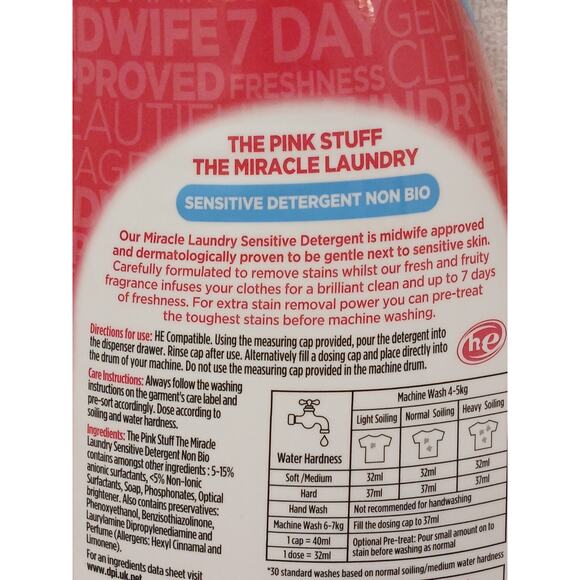 Pink Stuff Sensitive Miracle Laundry Detergent Gentle Non Bio 32.5 fl oz 960 ml - Picture 8 of 11